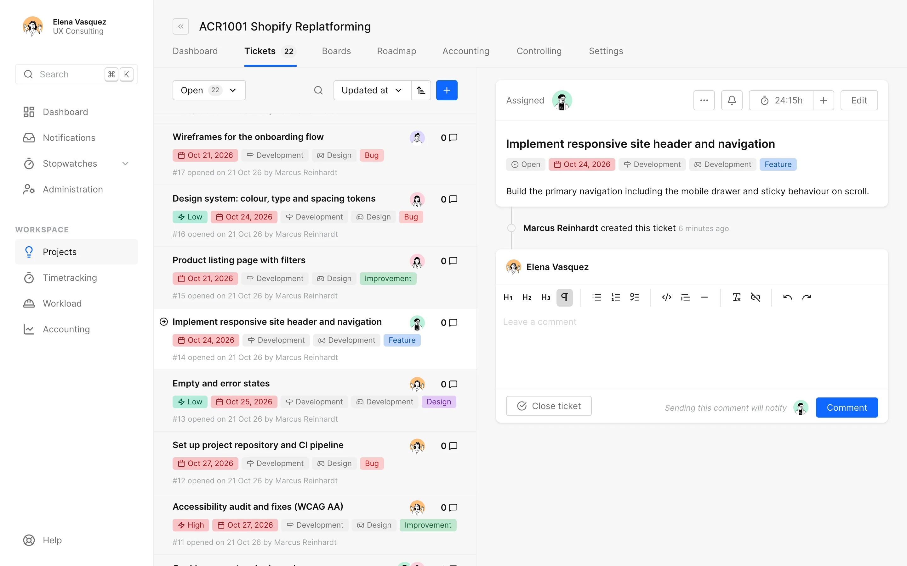 Die Ticketliste eines Projekts